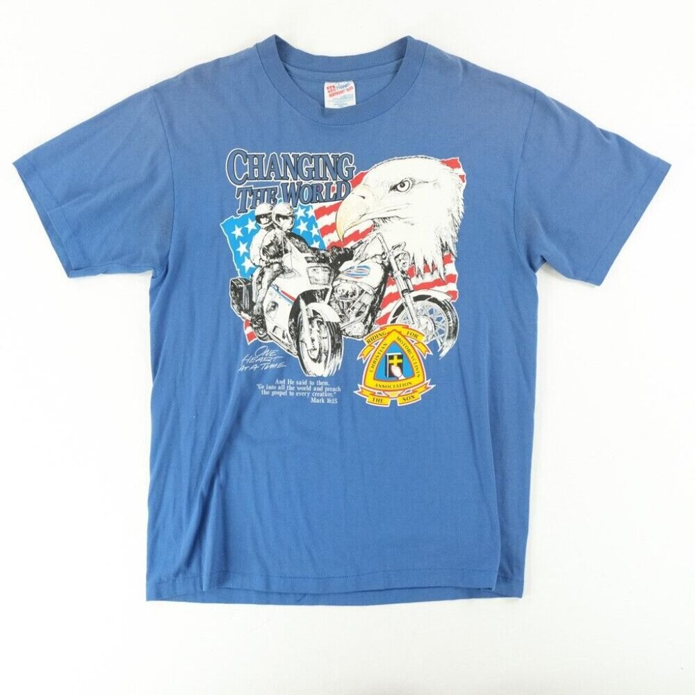 VTG 90s Single Stitch Blue SZ. L Christian Motorcycle American Flag Hanes 50/50